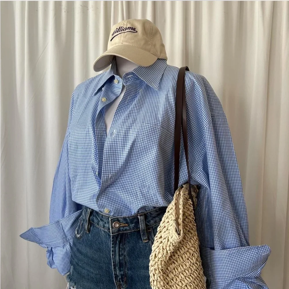 Peter Millar Blue Mini Gingham Check Cotton Button-down shirt. - Picture 3 of 7